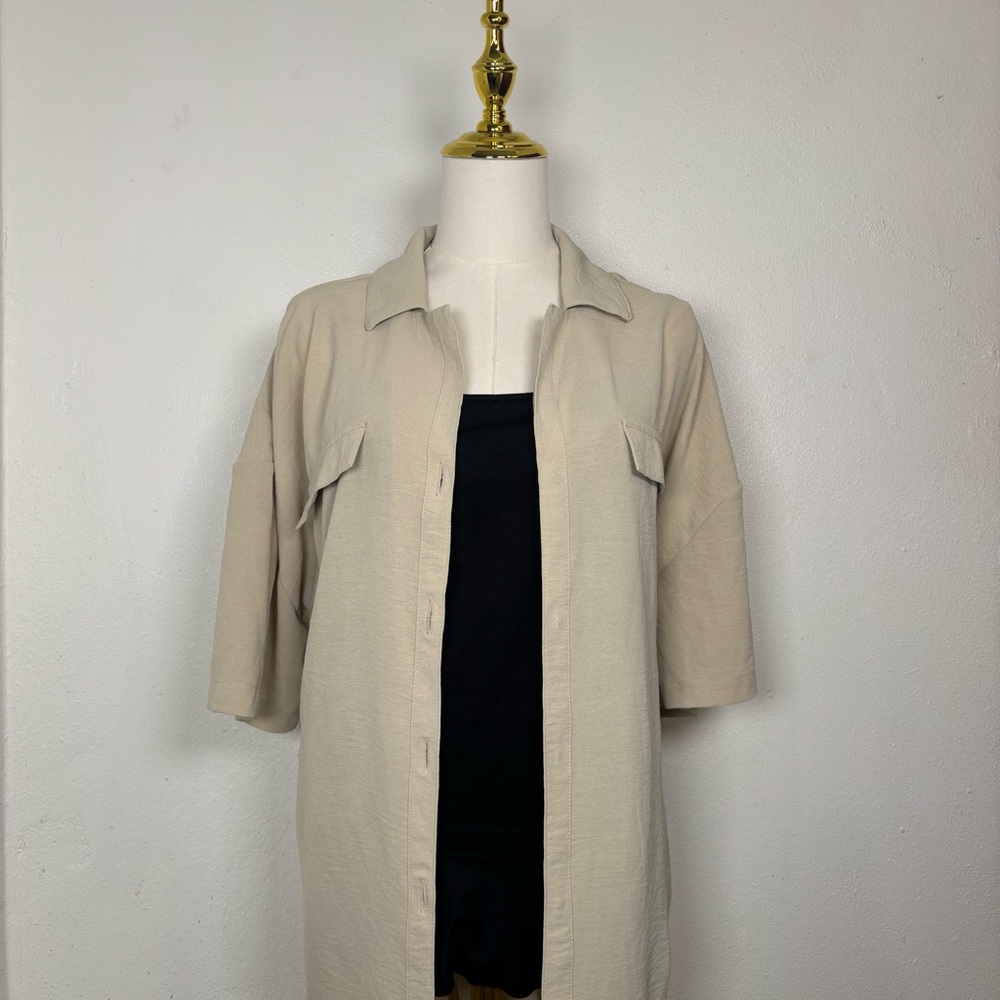 mlle gabrielle beige long collared dress shirt short sleeve boho indie beach‎